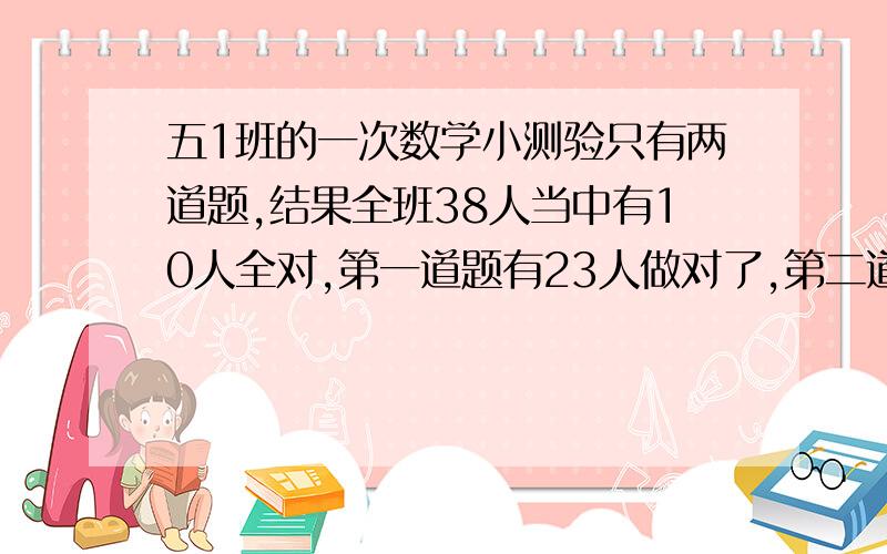 五1班的一次数学小测验只有两道题,结果全班38人当中有10人全对,第一道题有23人做对了,第二道题有20人