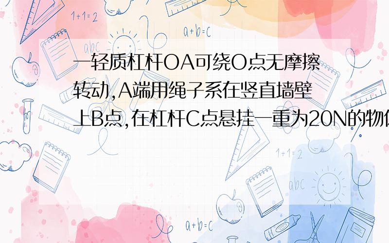 一轻质杠杆OA可绕O点无摩擦转动,A端用绳子系在竖直墙壁上B点,在杠杆C点悬挂一重为20N的物体