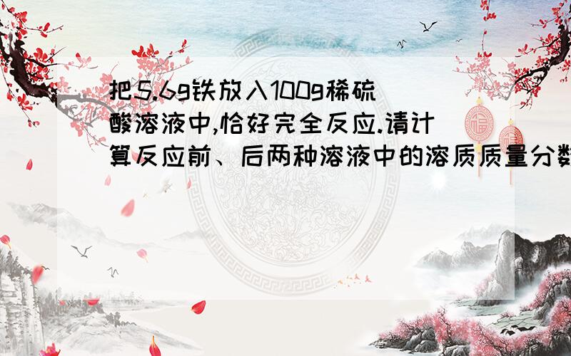 把5.6g铁放入100g稀硫酸溶液中,恰好完全反应.请计算反应前、后两种溶液中的溶质质量分数各是多少?