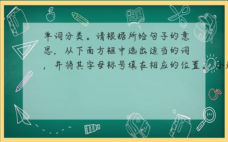 单词分类。请根据所给句子的意思，从下面方框中选出适当的词，并将其字母标号填在相应的位置。 小题1:It’s the fi