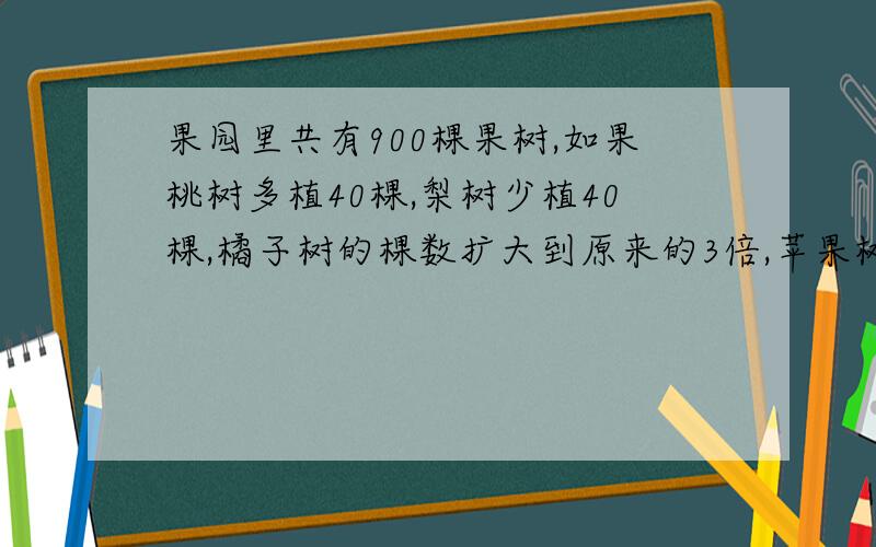 果园里共有900棵果树,如果桃树多植40棵,梨树少植40棵,橘子树的棵数扩大到原来的3倍,苹果树的棵数减...