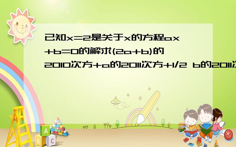 已知x=2是关于x的方程ax+b=0的解求(2a+b)的2010次方+a的2011次方+1/2 b的2011次方 的值