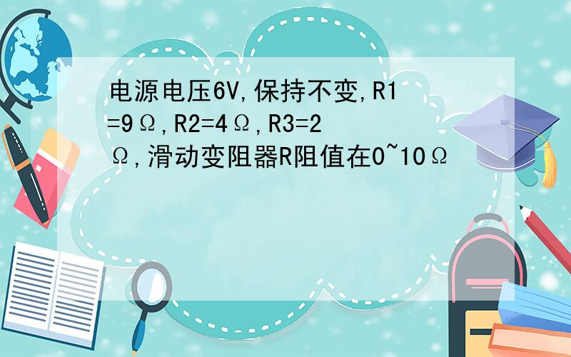 电源电压6V,保持不变,R1=9Ω,R2=4Ω,R3=2Ω,滑动变阻器R阻值在0~10Ω