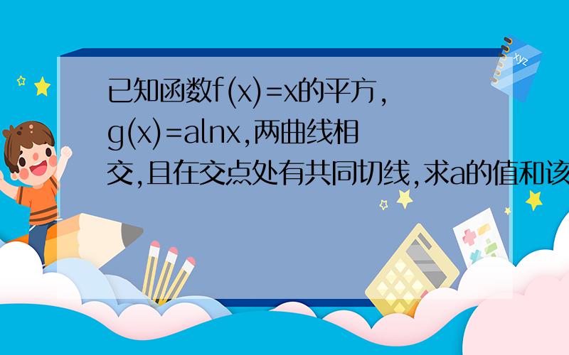 已知函数f(x)=x的平方,g(x)=alnx,两曲线相交,且在交点处有共同切线,求a的值和该切线方程