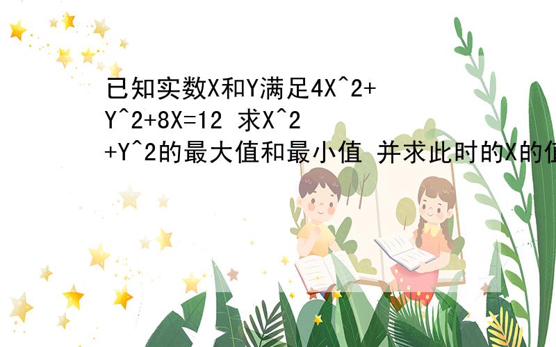 已知实数X和Y满足4X^2+Y^2+8X=12 求X^2+Y^2的最大值和最小值 并求此时的X的值