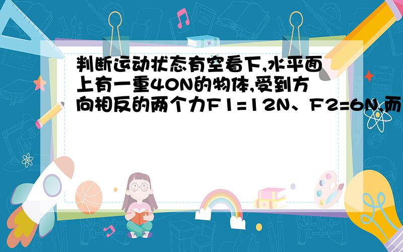 判断运动状态有空看下,水平面上有一重40N的物体,受到方向相反的两个力F1=12N、F2=6N,而保持静止.已知物体与水