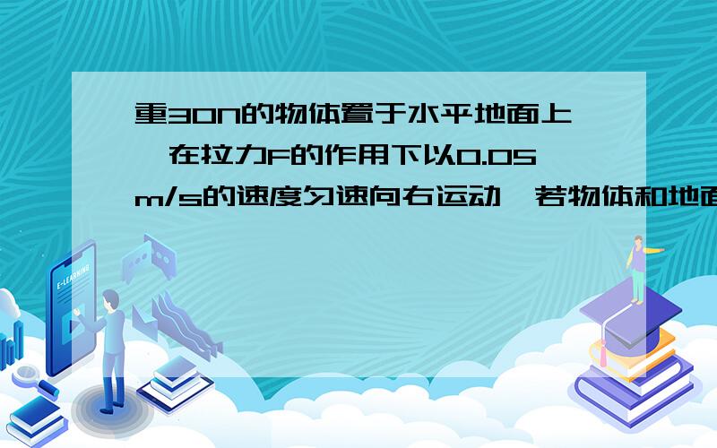 重30N的物体置于水平地面上,在拉力F的作用下以0.05m/s的速度匀速向右运动,若物体和地面间的摩擦力为6N,