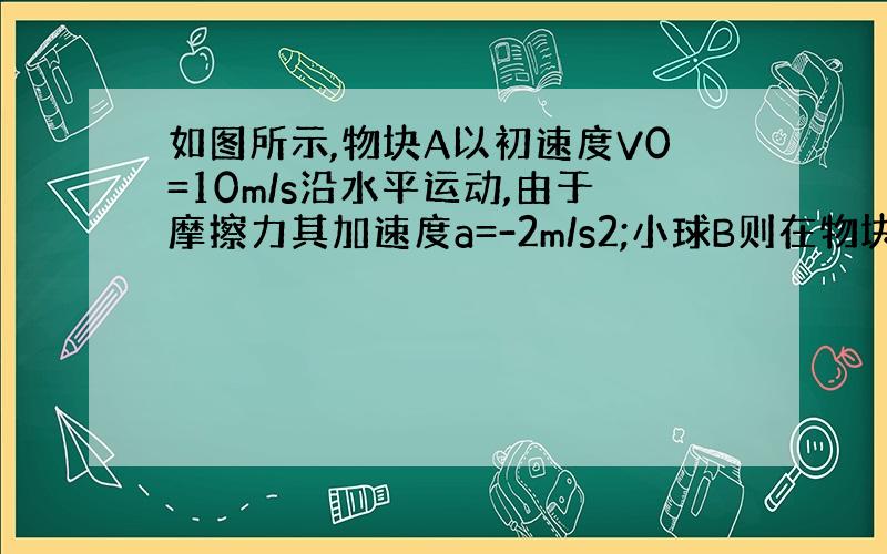 如图所示,物块A以初速度V0=10m/s沿水平运动,由于摩擦力其加速度a=-2m/s2;小球B则在物块A的后面相距Xo=