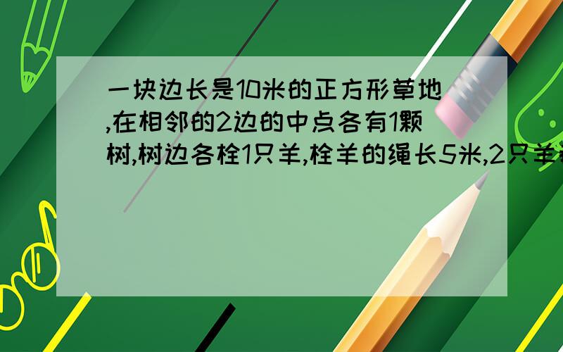 一块边长是10米的正方形草地,在相邻的2边的中点各有1颗树,树边各栓1只羊,栓羊的绳长5米,2只羊都不能吃到的草地面积是