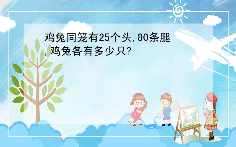 鸡兔同笼有25个头,80条腿,鸡兔各有多少只?