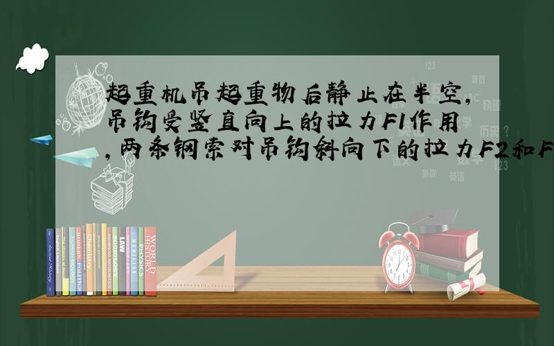 起重机吊起重物后静止在半空,吊钩受竖直向上的拉力F1作用,两条钢索对吊钩斜向下的拉力F2和F3.如果两钢索夹角为90°.