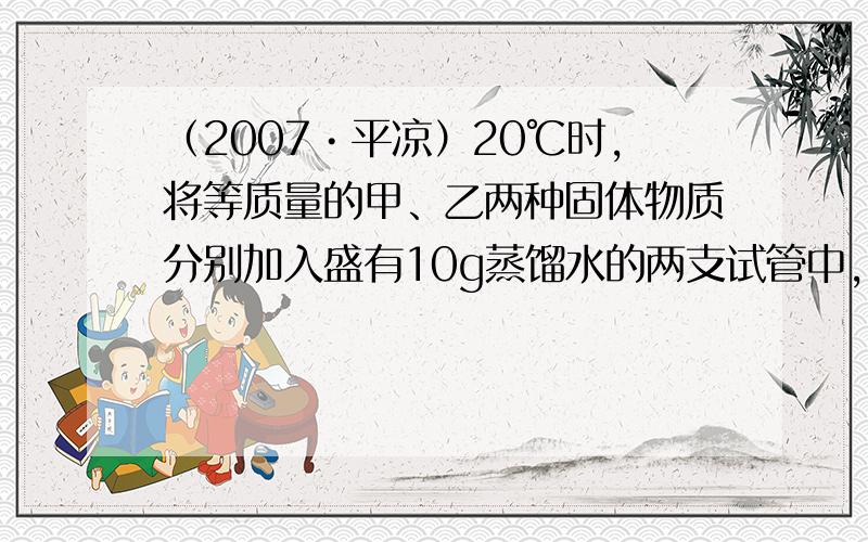 （2007•平凉）20℃时，将等质量的甲、乙两种固体物质分别加入盛有10g蒸馏水的两支试管中，充分振荡后静置片刻，可观察