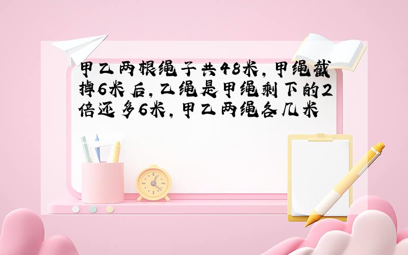 甲乙两根绳子共48米,甲绳截掉6米后,乙绳是甲绳剩下的2倍还多6米,甲乙两绳各几米