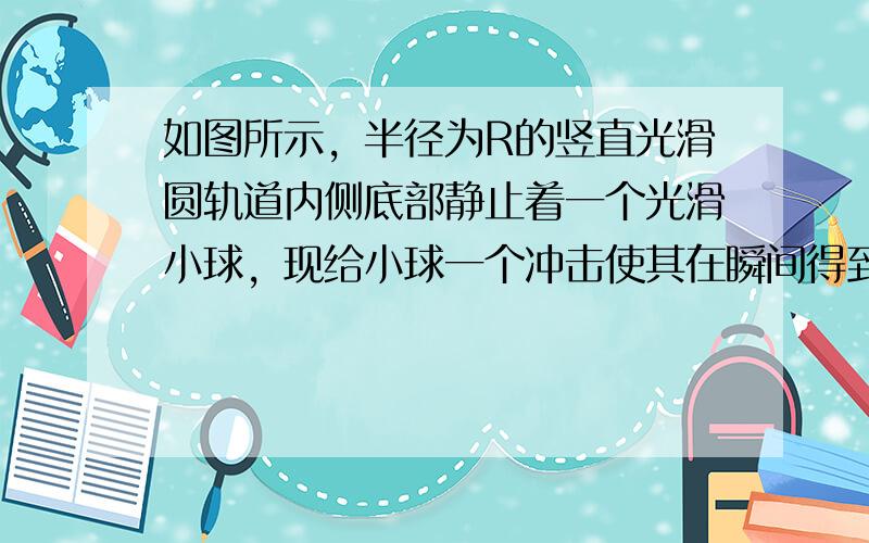 如图所示，半径为R的竖直光滑圆轨道内侧底部静止着一个光滑小球，现给小球一个冲击使其在瞬间得到一个水平初速度v0，若v0大