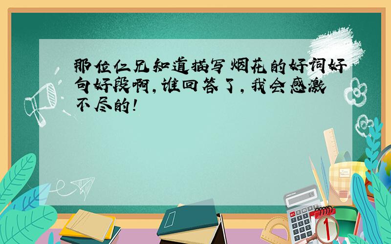 那位仁兄知道描写烟花的好词好句好段啊,谁回答了,我会感激不尽的!