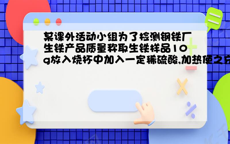 某课外活动小组为了检测钢铁厂生铁产品质量称取生铁样品10g放入烧杯中加入一定稀硫酸,加热使之充分反应后