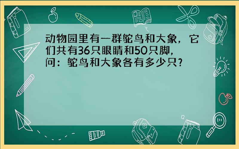 动物园里有一群鸵鸟和大象，它们共有36只眼睛和50只脚，问：鸵鸟和大象各有多少只？