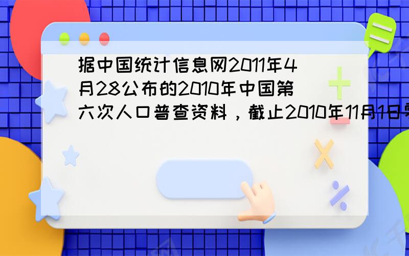 据中国统计信息网2011年4月28公布的2010年中国第六次人口普查资料，截止2010年11月1日零时，我国大陆地区的人