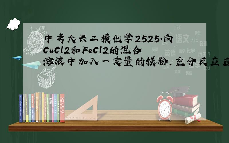 中考大兴二模化学2525．向CuCl2和FeCl2的混合溶液中加入一定量的镁粉,充分反应后过滤,向滤出的固体中滴加稀盐酸