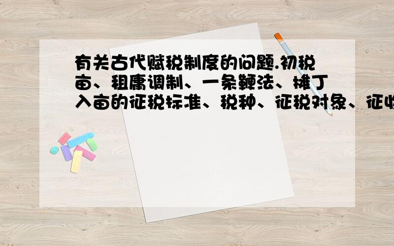 有关古代赋税制度的问题.初税亩、租庸调制、一条鞭法、摊丁入亩的征税标准、税种、征税对象、征收的东西、范畴、历史地位分别是