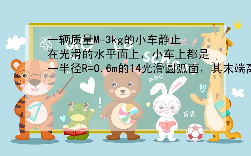 一辆质量M=3kg的小车静止在光滑的水平面上，小车上都是一半径R=0.6m的14光滑圆弧面，其末端离地面的高度h=1.2