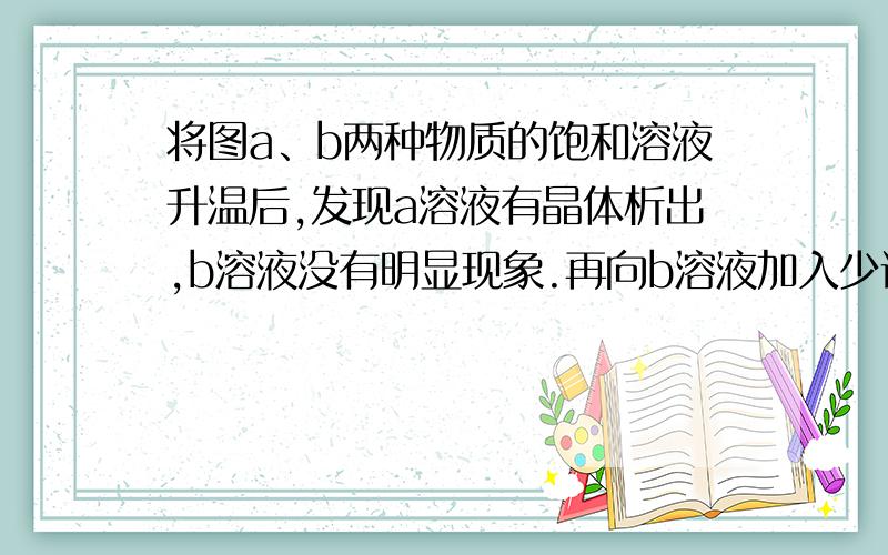 将图a、b两种物质的饱和溶液升温后,发现a溶液有晶体析出,b溶液没有明显现象.再向b溶液加入少许b晶体,晶体消失.则下图