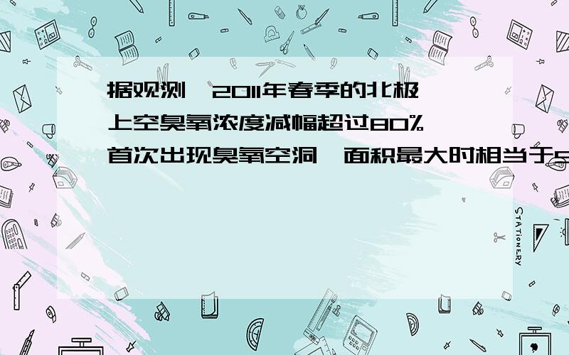 据观测,2011年春季的北极上空臭氧浓度减幅超过80%,首次出现臭氧空洞,面积最大时相当于5个德国.吸收紫外线最多的臭氧