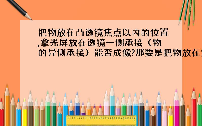 把物放在凸透镜焦点以内的位置,拿光屏放在透镜一侧承接（物的异侧承接）能否成像?那要是把物放在焦点呢?