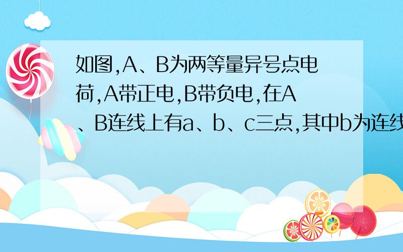 如图,A、B为两等量异号点电荷,A带正电,B带负电,在A、B连线上有a、b、c三点,其中b为连线的中点