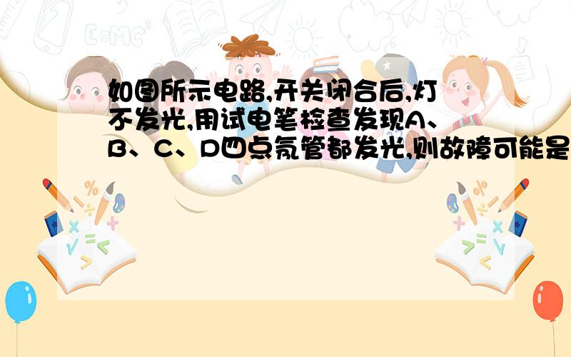 如图所示电路,开关闭合后,灯不发光,用试电笔检查发现A、B、C、D四点氖管都发光,则故障可能是