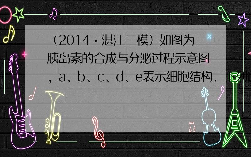 （2014•湛江二模）如图为胰岛素的合成与分泌过程示意图，a、b、c、d、e表示细胞结构．下列说法中正确的是（　　）