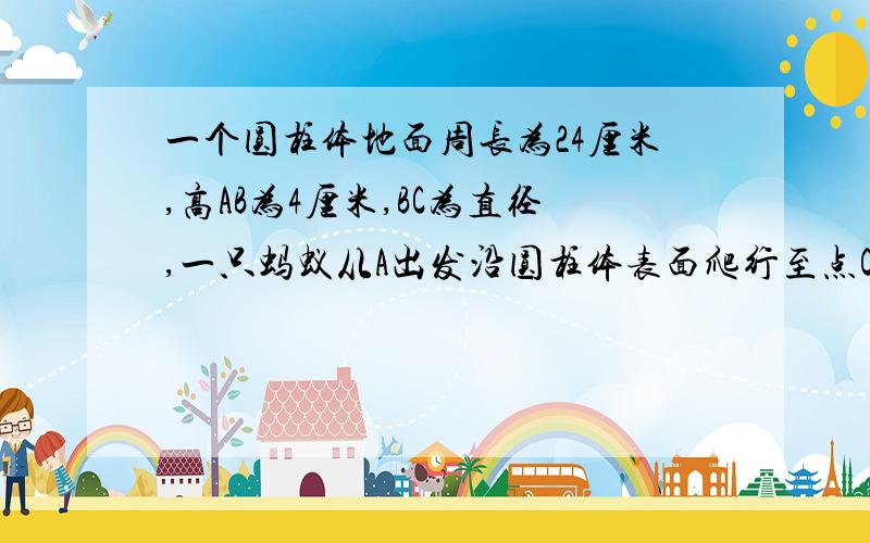 一个圆柱体地面周长为24厘米,高AB为4厘米,BC为直径,一只蚂蚁从A出发沿圆柱体表面爬行至点C的最短路程多