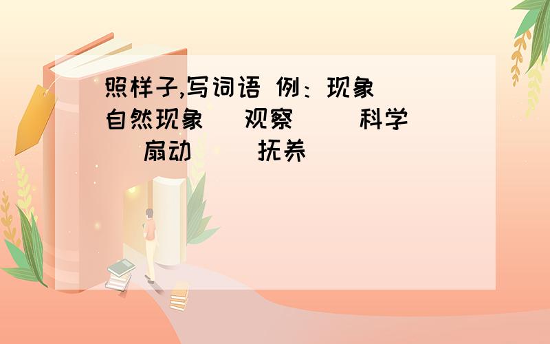 照样子,写词语 例：现象 （自然现象） 观察（） 科学（） 扇动（） 抚养（）