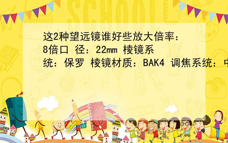 这2种望远镜谁好些放大倍率：8倍口 径：22mm 棱镜系统：保罗 棱镜材质：BAK4 调焦系统：中调 视 场：393ft