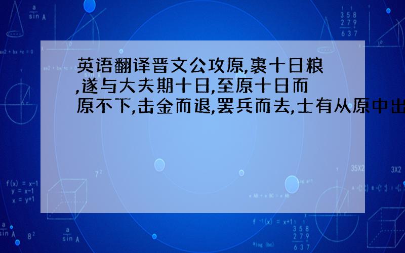 英语翻译晋文公攻原,裹十日粮,遂与大夫期十日,至原十日而原不下,击金而退,罢兵而去,士有从原中出者曰：‘原三日即下矣.’