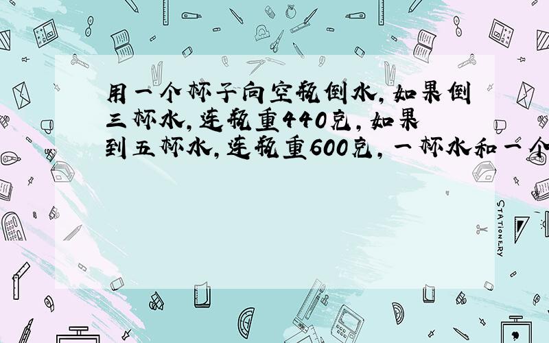 用一个杯子向空瓶倒水,如果倒三杯水,连瓶重440克,如果到五杯水,连瓶重600克,一杯水和一个空瓶各多少克?