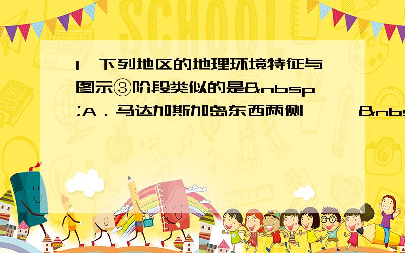 1、下列地区的地理环境特征与图示③阶段类似的是 A．马达加斯加岛东西两侧　　　 B．安第斯山南段东西