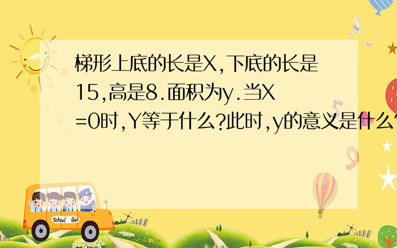 梯形上底的长是X,下底的长是15,高是8.面积为y.当X=0时,Y等于什么?此时,y的意义是什么?