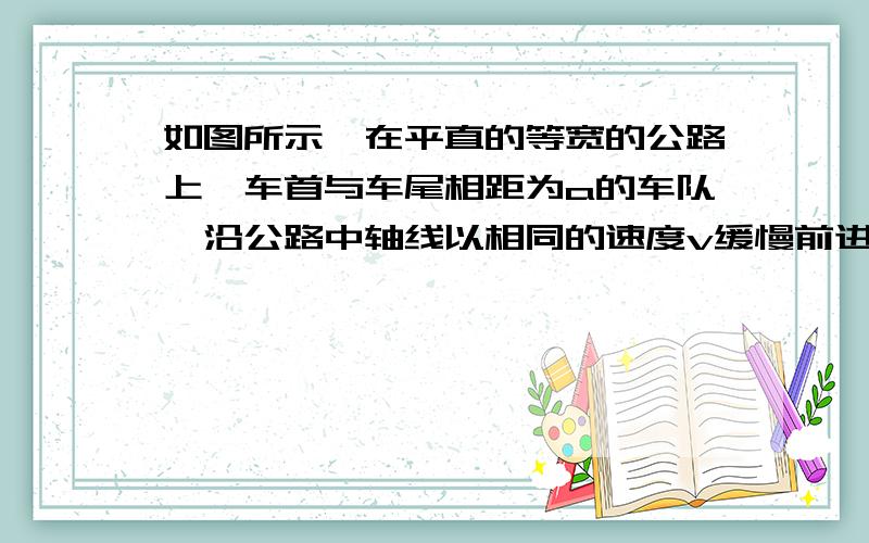 如图所示,在平直的等宽的公路上,车首与车尾相距为a的车队,沿公路中轴线以相同的速度v缓慢前进.一名执勤交警想以恒定的最小