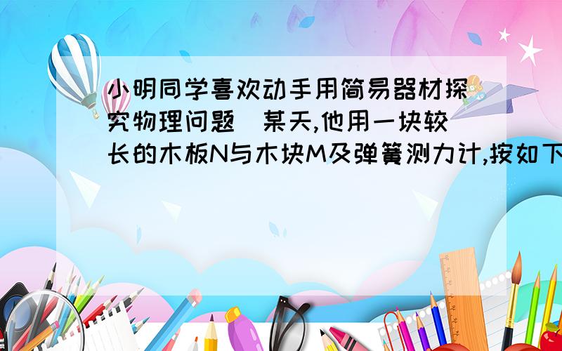 小明同学喜欢动手用简易器材探究物理问题．某天,他用一块较长的木板N与木块M及弹簧测力计,按如下方法研究滑动摩擦力有关的因