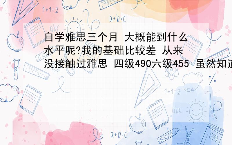 自学雅思三个月 大概能到什么水平呢?我的基础比较差 从来没接触过雅思 四级490六级455 虽然知道四六级跟雅思没啥关系