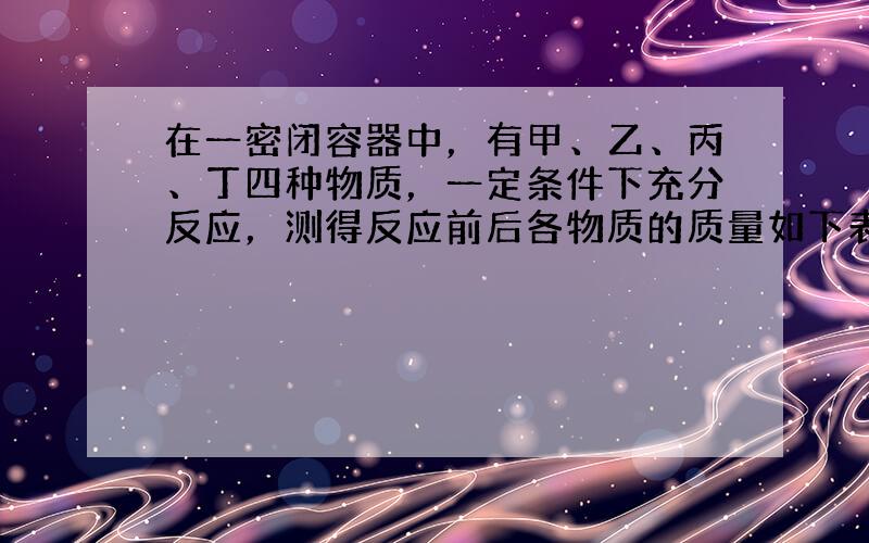 在一密闭容器中，有甲、乙、丙、丁四种物质，一定条件下充分反应，测得反应前后各物质的质量如下表：