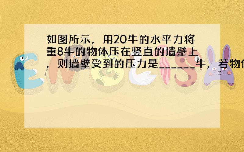 如图所示，用20牛的水平力将重8牛的物体压在竖直的墙壁上，则墙壁受到的压力是______牛，若物体沿着墙壁匀速下滑，则物