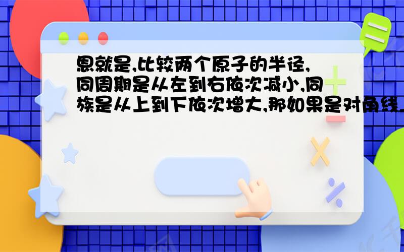 恩就是,比较两个原子的半径,同周期是从左到右依次减小,同族是从上到下依次增大,那如果是对角线上的元素怎么比呢?比方说C和