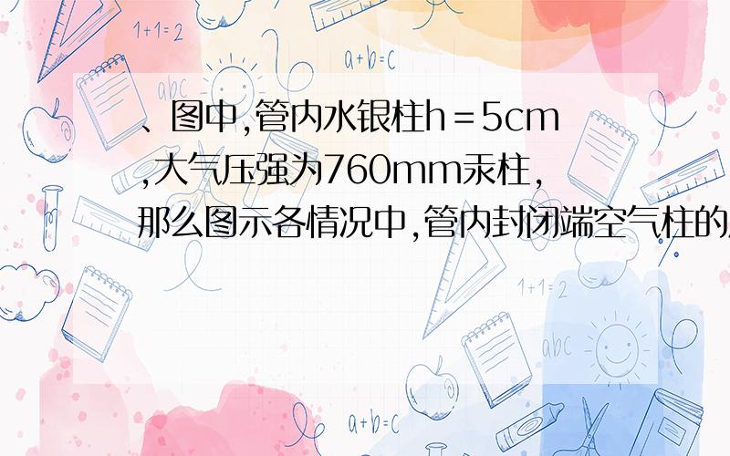 、图中,管内水银柱h＝5cm,大气压强为760mm汞柱,那么图示各情况中,管内封闭端空气柱的压强分别是：（a）_____