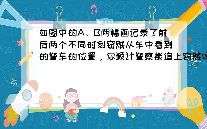 如图中的A、B两幅画记录了前后两个不同时刻窃贼从车中看到的警车的位置，你预计警察能追上窃贼吗？______．说出你判断的