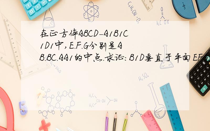 在正方体ABCD-A1B1C1D1中,E.F.G分别是AB.BC.AA1的中点.求证：B1D垂直于平面EFG.