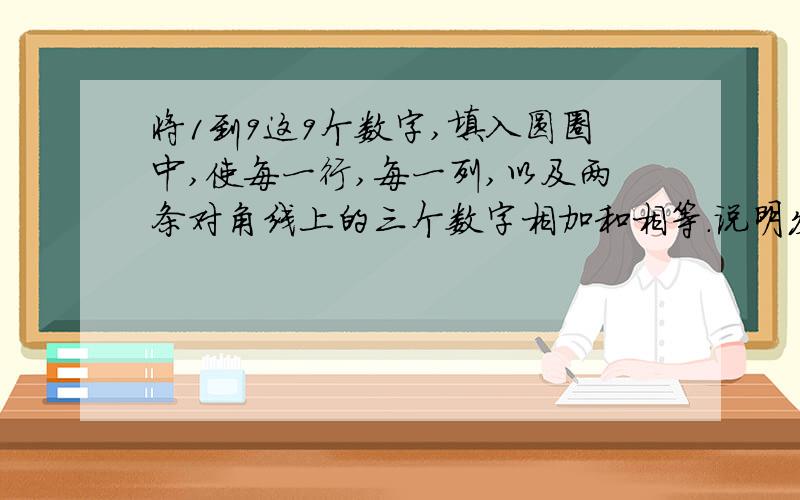 将1到9这9个数字,填入圆圈中,使每一行,每一列,以及两条对角线上的三个数字相加和相等.说明发现了...