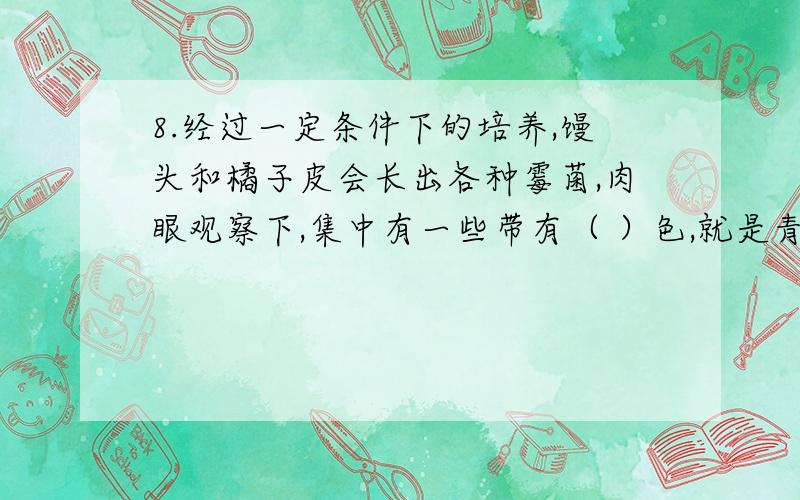 8.经过一定条件下的培养,馒头和橘子皮会长出各种霉菌,肉眼观察下,集中有一些带有（ ）色,就是青霉,带有（ ）色就是曲霉