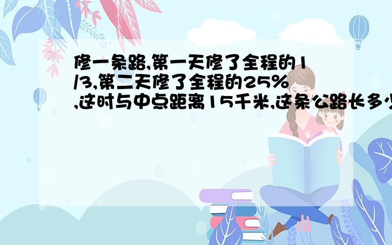 修一条路,第一天修了全程的1/3,第二天修了全程的25％,这时与中点距离15千米,这条公路长多少千米?（可以用方程解）